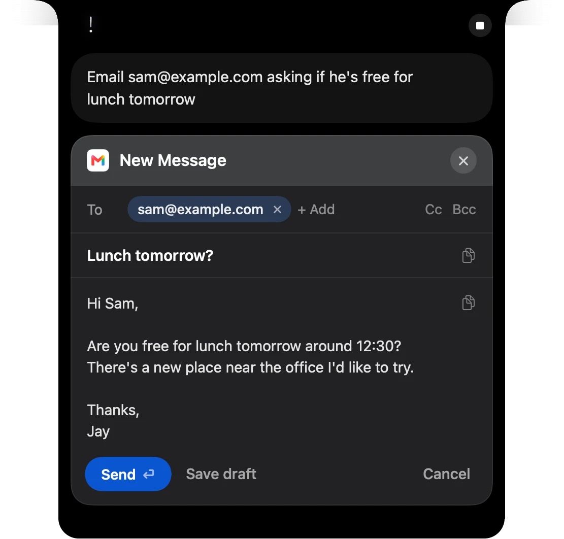 Speechy's notch showing a drafted Gmail message to Sam, ready to send