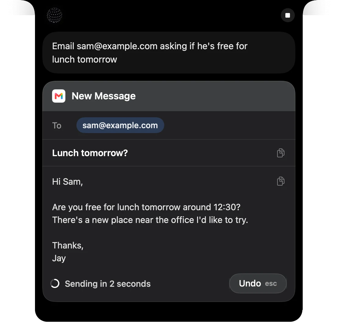 The same message sending, with an Undo button and a two second countdown