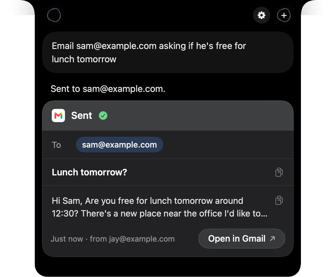 The message marked Sent in Speechy's notch, with an Open in Gmail button