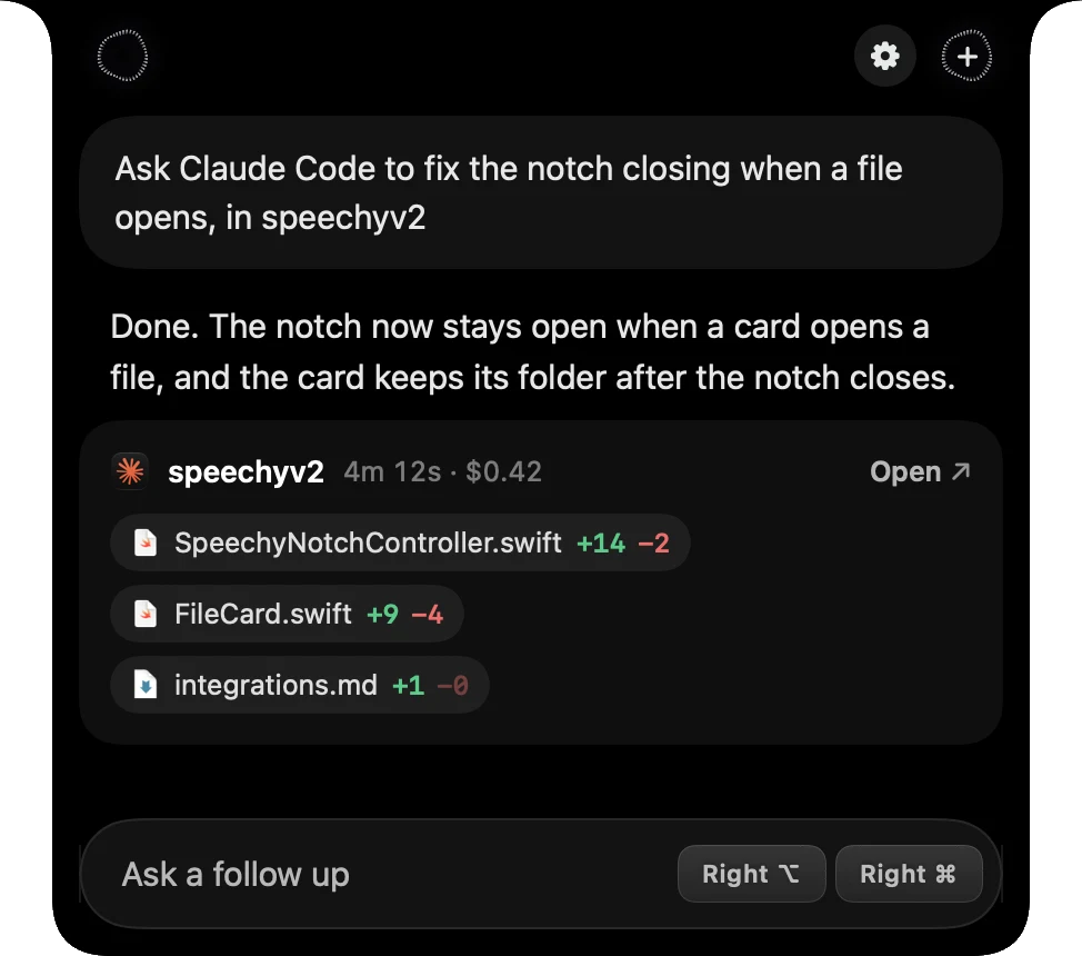 A finished Claude Code task in Speechy's notch, with the files it changed