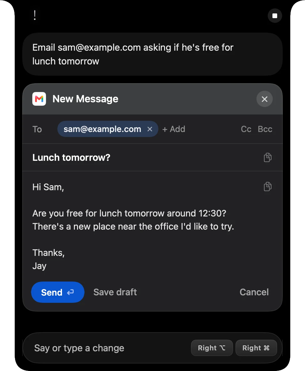 A Gmail email shown in Speechy's notch before it is sent