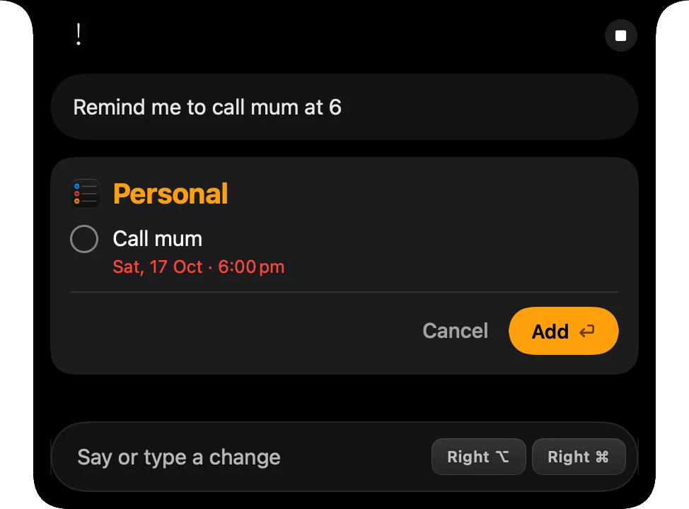 A new reminder shown in Speechy's notch before it is added