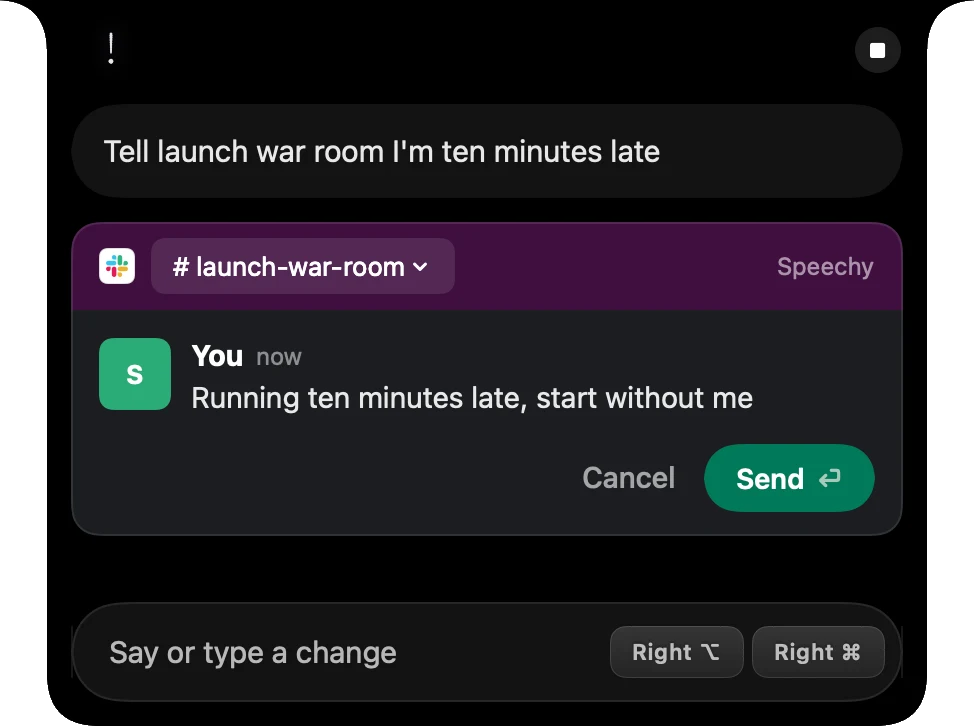 A Slack message shown in Speechy's notch before it is sent