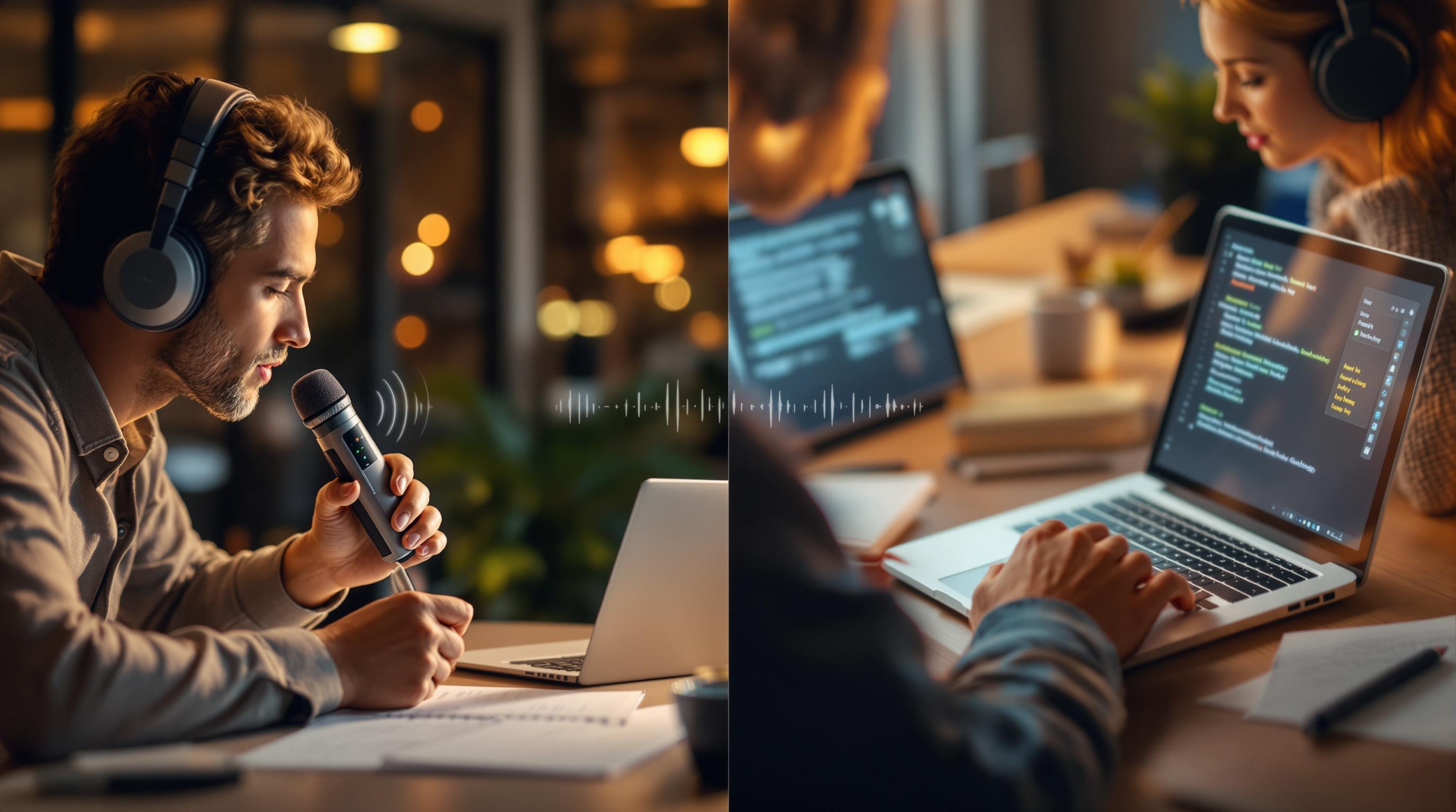 A person speaking into a microphone beside a person typing on a laptop