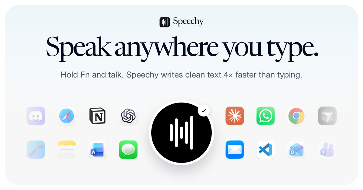 Screenshot of Speechy, Hold Fn, speak, and clean text lands in any Mac app