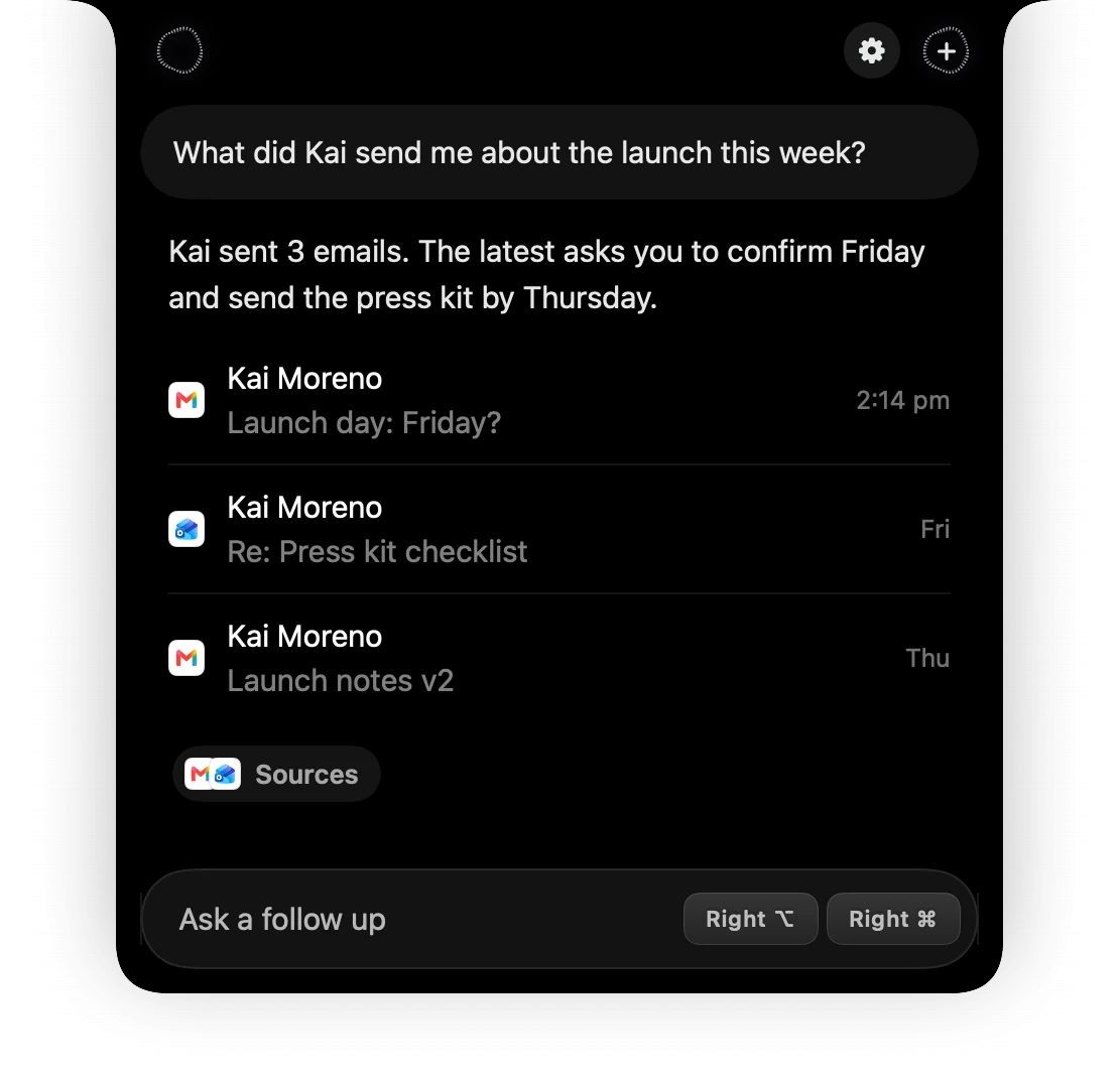 Speechy's notch answering “What did Kai send me about the launch this week?” with three emails.