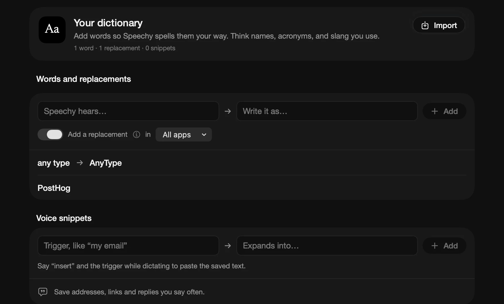 Speechy's dictionary: words, replacements and voice snippets