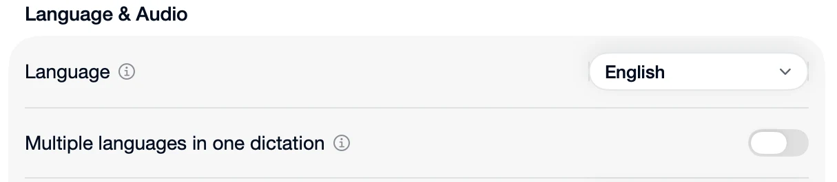 Speechy's language settings, with Multiple languages in one dictation