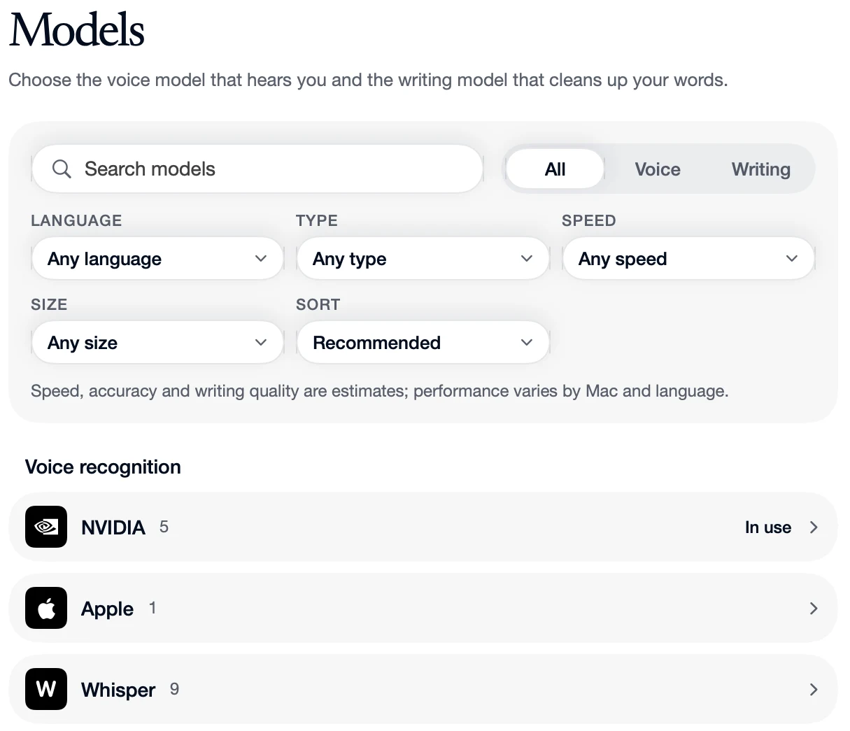 Speechy's Models page, listing on-device voice models from NVIDIA, Apple and Whisper