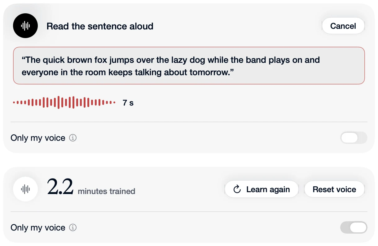 Only My Voice: read one sentence aloud and Speechy learns your voice